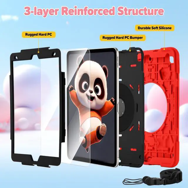 Alt view image 2 of 5 - Case for iPad 9th/8th/7th Generation,Cute 3D Cool Panda Warrior Design Cover with Screen Protector, Rugged Protective Cartoon Case with Stand/Strap/Pen Slot for iPad 10.2 Kids Teens (Red+Black)
