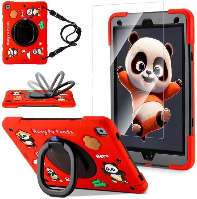 Main image of Case for iPad 9th/8th/7th Generation,Cute 3D Cool Panda Warrior Design Cover with Screen Protector, Rugged Protective Cartoon Case with Stand/Strap/Pen Slot for iPad 10.2 Kids Teens (Red+Black)