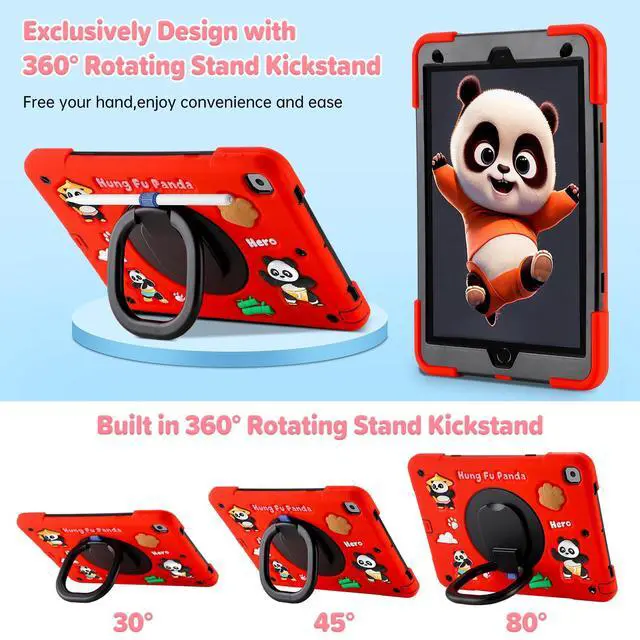 Alt view image 5 of 5 - Case for iPad 9th/8th/7th Generation,Cute 3D Cool Panda Warrior Design Cover with Screen Protector, Rugged Protective Cartoon Case with Stand/Strap/Pen Slot for iPad 10.2 Kids Teens (Red+Black)