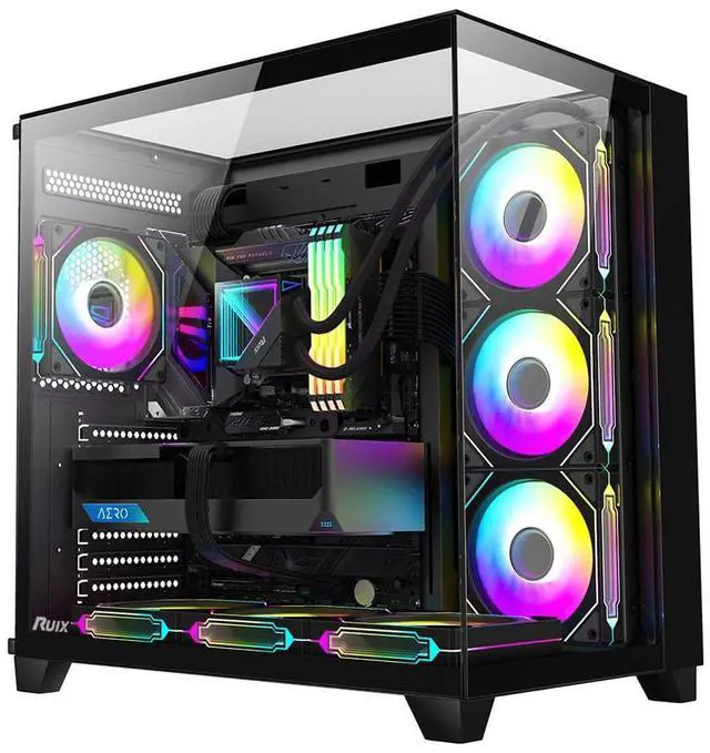 Main image of RUIX OV403 ATX Mid-Tower PC Case, Pre-Installed 4 x 120mm Prism ARGB PWM Fans and Graphics Card Holder, Three-Sided Tempered Glass Panels, USB 3.0 & Type-C Ports, Gaming Computer Case - Black