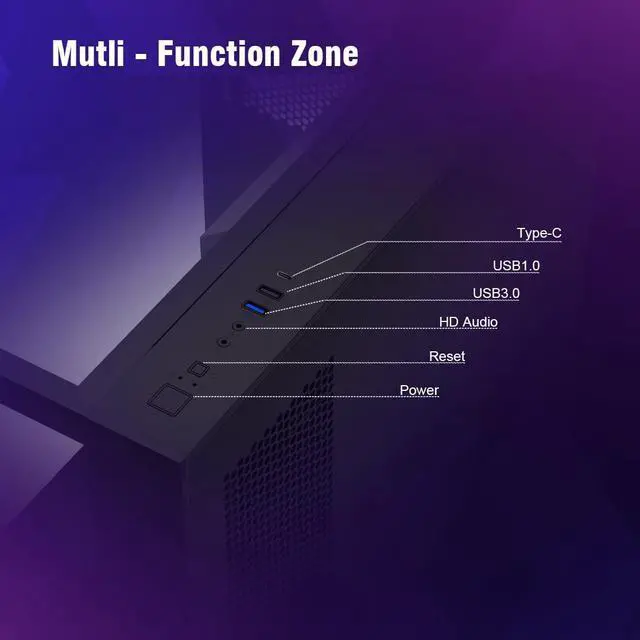Alt view image 4 of 5 - RUIX OV403 ATX Mid-Tower PC Case, Pre-Installed 4 x 120mm Prism ARGB PWM Fans and Graphics Card Holder, Three-Sided Tempered Glass Panels, USB 3.0 & Type-C Ports, Gaming Computer Case - Black