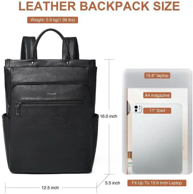 Alt view image 4 of 5 - Mroede Leather Laptop Backpack for Women, Travel Backpack Purse Fits 15.6 Inch Laptop, Casual Daypack with Laptop Compartment for Teachers College Work Business Nurse Weekender, Black