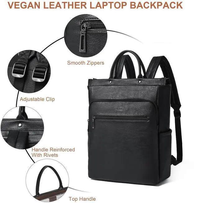 Alt view image 3 of 5 - Mroede Leather Laptop Backpack for Women, Travel Backpack Purse Fits 15.6 Inch Laptop, Casual Daypack with Laptop Compartment for Teachers College Work Business Nurse Weekender, Black