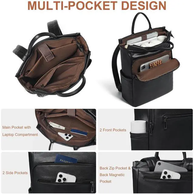 Alt view image 2 of 5 - Mroede Leather Laptop Backpack for Women, Travel Backpack Purse Fits 15.6 Inch Laptop, Casual Daypack with Laptop Compartment for Teachers College Work Business Nurse Weekender, Black