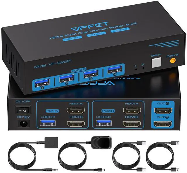 Main image of 8K HDMI KVM Switch 2 Monitors 2 Computers Dual Monitor Support 8K@60Hz 4K@120Hz KVM Switcher PC Extended Display for 2 Port Share 4 USB 3.0 HUB Desktop Controller and 2 USB Cables Included