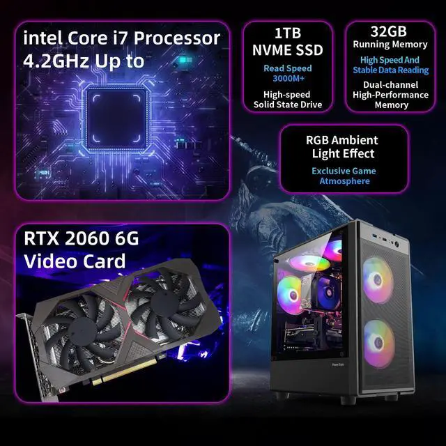 Alt view image 2 of 5 - ZER-LON Gaming PC Desktop Computer, Intel Core I7 up to 4.2 GHz, RTX 2060 6G, 32G DDR4 RAM, 1TB NVME SSD, WiFi 5.0, Prebuilt Gaming PC Tower Computer with 5 RGB Fan