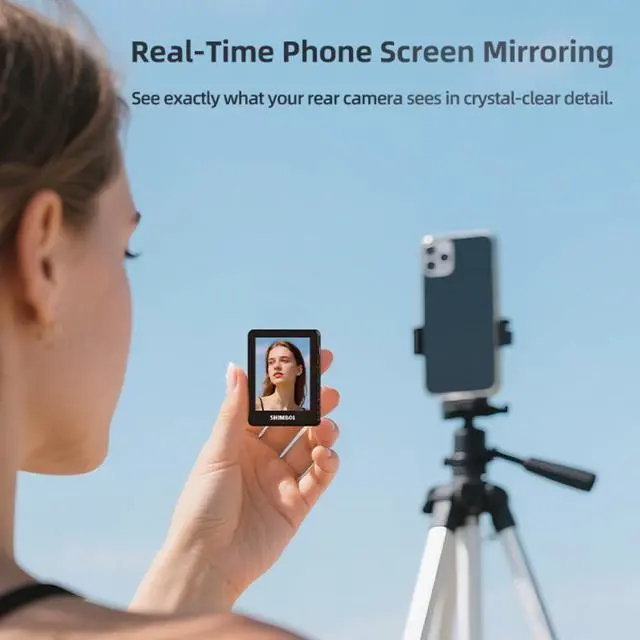 Alt view image 3 of 5 - Shimbol Vlog Selfie Monitor Screen CP5 Mini 2,Back Camera Monitor for iPhone with 2.4 inch Real-Time Phone Screen Mirroring,30m Range,4H Run Time,Wireless Shutter Control (Grey)