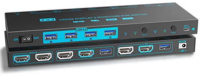 Main image of KVM/USB Dual Mode 8K Dual Monitor HDMI 2.1 KVM Switch 2 Monitors 2 Computers Cross Display 2 in 2 Out USB 3.0 KVM Support 8K@60Hz/4K@120Hz, with 2 HDMI Cables & 2 USB 3.0 Cables & Wired Remote