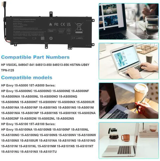 Alt view image 5 of 5 - VS03XL VSO3XL Battery for HP Envy 15T-AS000 15T-AS100 CTO 15-AS 15-AS133CL X6V56UA 15-AS020NR 15-AS152NR 15-AS004LA 15-AS014WM HSTNN-UB6Y 849047-541 849313-850 3ICP7/61/80 849313-856 TPN-I125