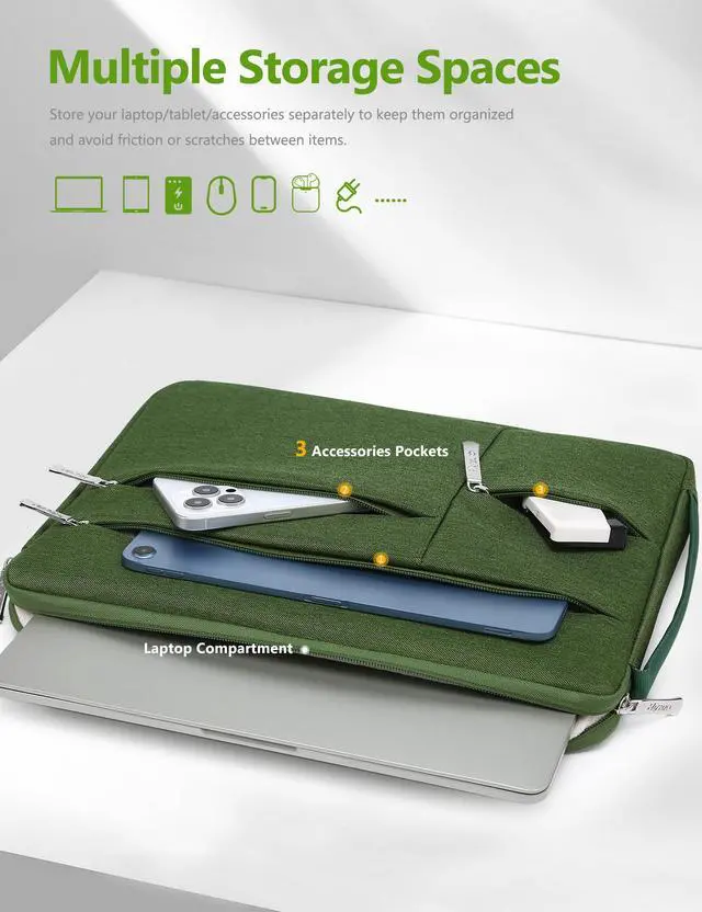 Alt view image 2 of 5 - HYZUO 17-17.3 Inch Laptop Sleeve Bag Briefcase for 17" 17.3" HP/Dell/ASUS/Acer/LG/MSI Gaming Laptop/Razer Blade 17/18, Men Women NoteBook Protective Case Bag, Grass Green