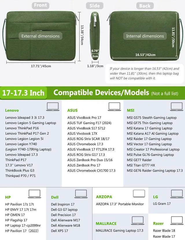 Alt view image 3 of 5 - HYZUO 17-17.3 Inch Laptop Sleeve Bag Briefcase for 17" 17.3" HP/Dell/ASUS/Acer/LG/MSI Gaming Laptop/Razer Blade 17/18, Men Women NoteBook Protective Case Bag, Grass Green