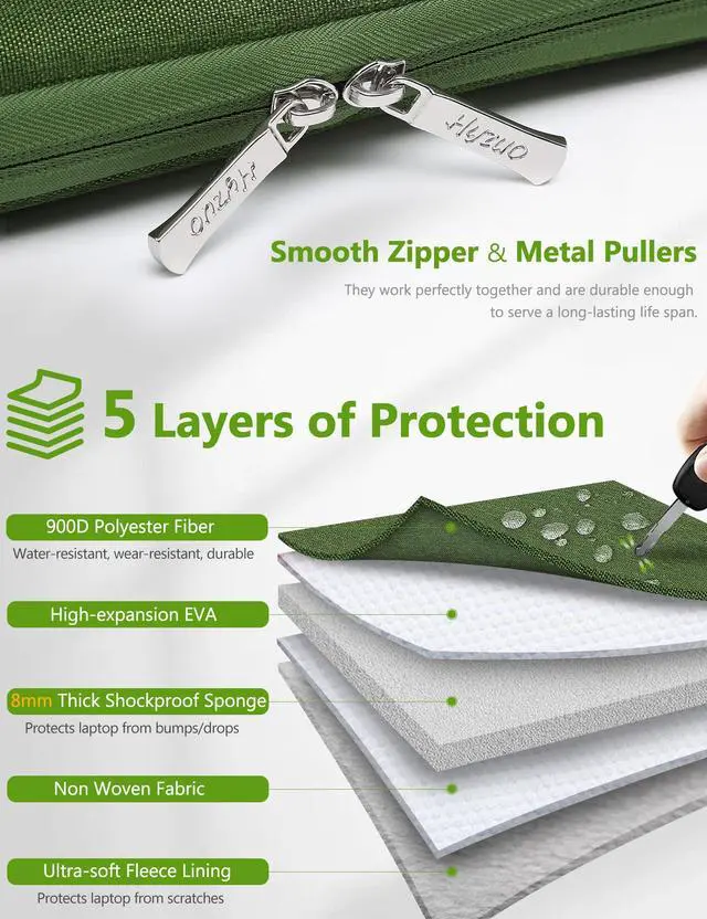 Alt view image 5 of 5 - HYZUO 17-17.3 Inch Laptop Sleeve Bag Briefcase for 17" 17.3" HP/Dell/ASUS/Acer/LG/MSI Gaming Laptop/Razer Blade 17/18, Men Women NoteBook Protective Case Bag, Grass Green