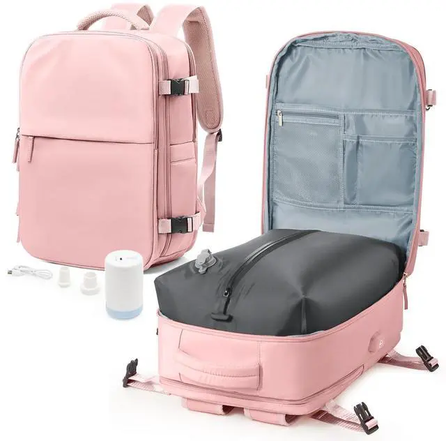 Main image of winspansy Travel Backpack Storage Vacuum Compression Seal Bags for Women Men Clothing with Pump Personal Item Work Carry on Business Vacpack College Laptop Backpack Pink