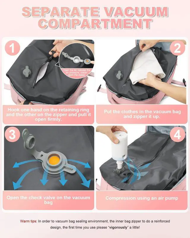 Alt view image 3 of 5 - winspansy Travel Backpack Storage Vacuum Compression Seal Bags for Women Men Clothing with Pump Personal Item Work Carry on Business Vacpack College Laptop Backpack Pink
