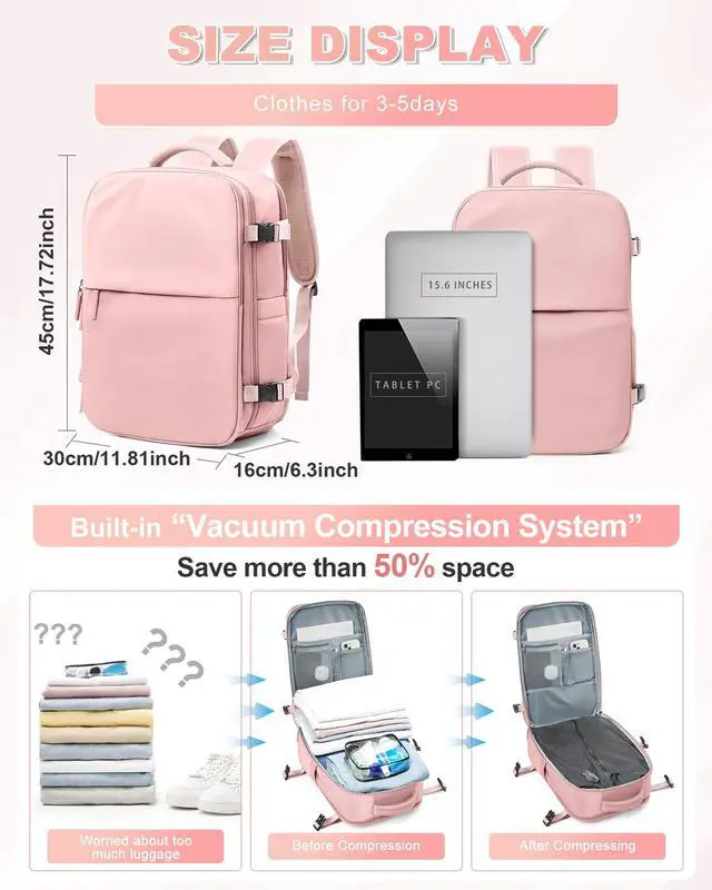 Alt view image 4 of 5 - winspansy Travel Backpack Storage Vacuum Compression Seal Bags for Women Men Clothing with Pump Personal Item Work Carry on Business Vacpack College Laptop Backpack Pink