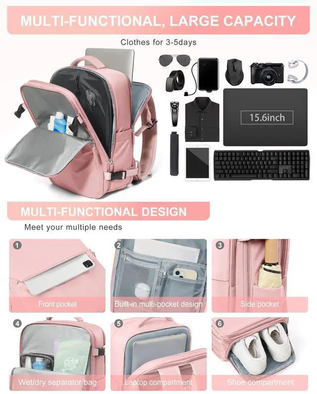 Alt view image 5 of 5 - winspansy Travel Backpack Storage Vacuum Compression Seal Bags for Women Men Clothing with Pump Personal Item Work Carry on Business Vacpack College Laptop Backpack Pink