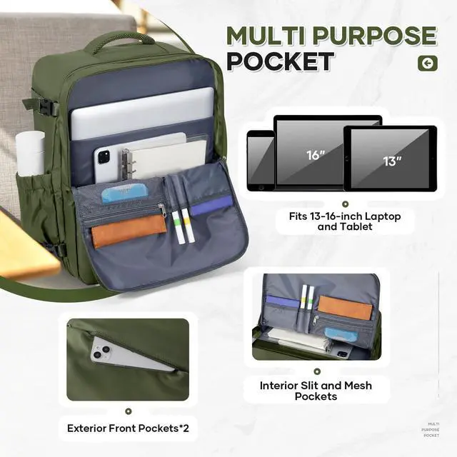 Alt view image 3 of 5 - UPPACK Travel Backpack For Women Men Carry on Backpack Luggage Flight Approved Personal item Travel Bag Essentials Mochila de viaje Laptop Backpack Large Olive Green