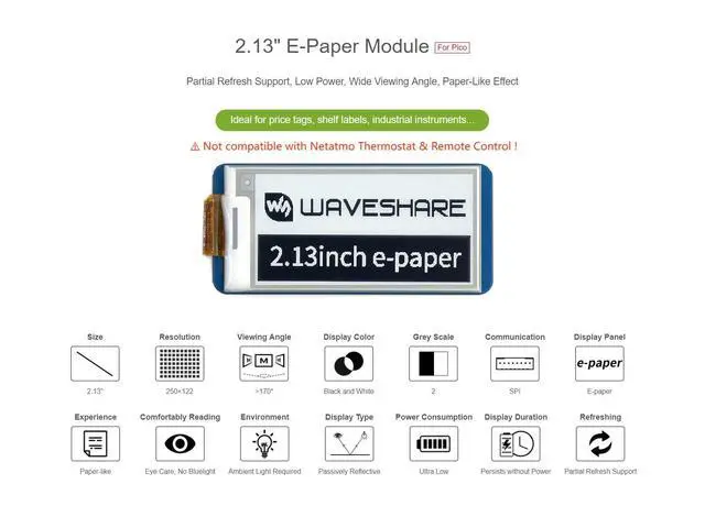 Alt view image 5 of 5 - waveshare 2.13inch E-Paper E-Ink Display Module for Raspberry Pi Pico 250×122 Pixels Black/White Partial Refresh Support with SPI Interface