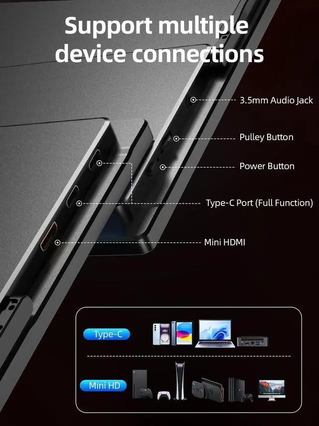 Alt view image 5 of 5 - sibolan 18.5 100Hz Portable Monitor FHD 1080P IPS Screen 100% sRGB Aluminum Alloy Shell,Built-in Stand,HDMI/USB-C,for Gaming,Laptop,PC,Mac,Phone,Switch,Xbox