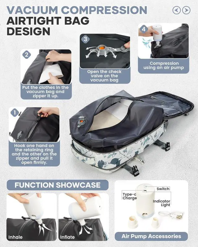 Alt view image 2 of 5 - Vacuum Seal Backpack for Travel with Air Pump Vacpack Carry on Flight Approved Compression Daypack Laptop Space Saver Bags Storage with Vacuum System 18x14x8 inches Travel Bag Women LeafWhite