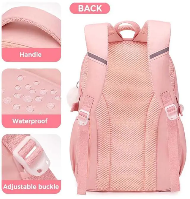 Alt view image 4 of 4 - MININAI Cute Backpack for Kids Teen Girls Large Kawaii Aesthetic Elementary Middle School Student Bookbag Preppy Laptop Backpack for Ages 6-8 8-10 10-12 with Pin Accessories Plush Pendant, Pink