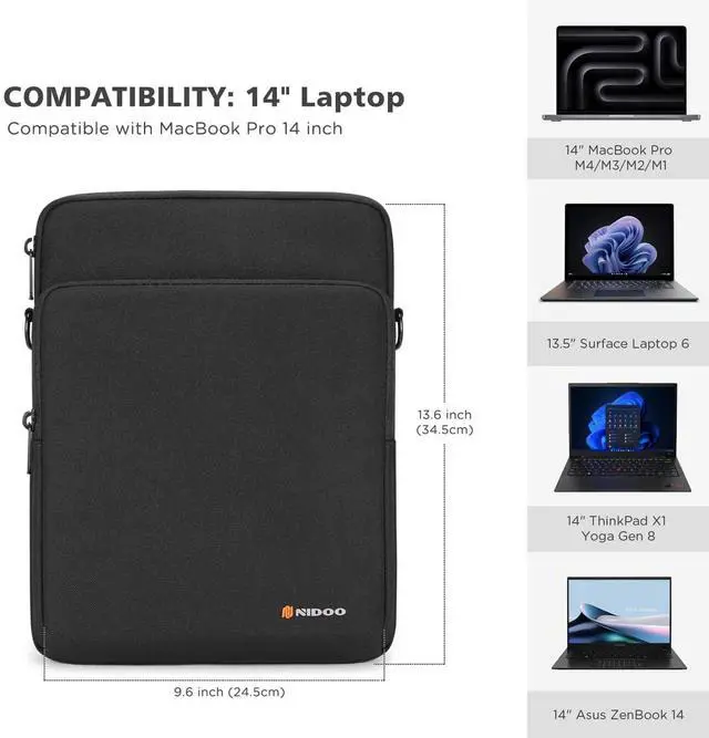 Alt view image 3 of 5 - NIDOO 14 inch Laptop Sleeve Protective Computer Carrying Case Bag for 14" ThinkPad E14 Gen 4/ T14s Gen 5/ ThinkPad X1 Carbon Gen 12/14" MacBook Pro M4 M3 / Asus ZenBook 14/13.5" Surface Laptop 6 5