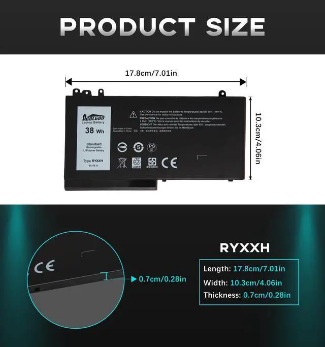 Alt view image 3 of 5 - GBLGBD RYXXH Replacement Battery for DELL Latitude 3150 3160 E5250 E5450 E5550 Series, Compatible with Part Numbers RYXXH 9P4D2 R5MD0 YD8XC,11.1V 38Wh 4213mAh 3-Cell Li-Polymer Laptop Battery