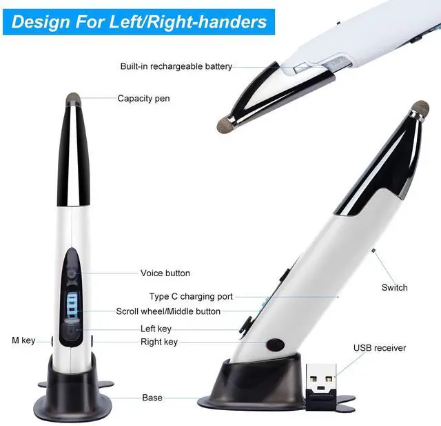 Alt view image 5 of 5 - lychee Optical Pocket Pen Mouse with Voice Control and Bluetooth Function, Wireless Handwriting Mini Mice for PC Laptop Notebook Computer(White)