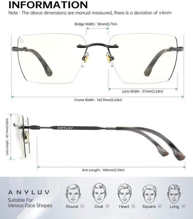 Alt view image 4 of 5 - ANYLUV Rimless Blue Light Glasses Men Women, Fashion Oversized Lens Blue Light Blocking Glasses with Lightweight Metal Temple