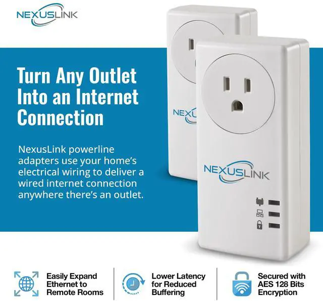 Alt view image 2 of 5 - NexusLink G.hn Powerline Ethernet Adapter Kit  1200 Mbps, Gigabit Port - Stable Ethernet Over Power for Gaming & Streaming, Home Network Expander, Wall Plug - 2 Units (GPL-1200-KIT)