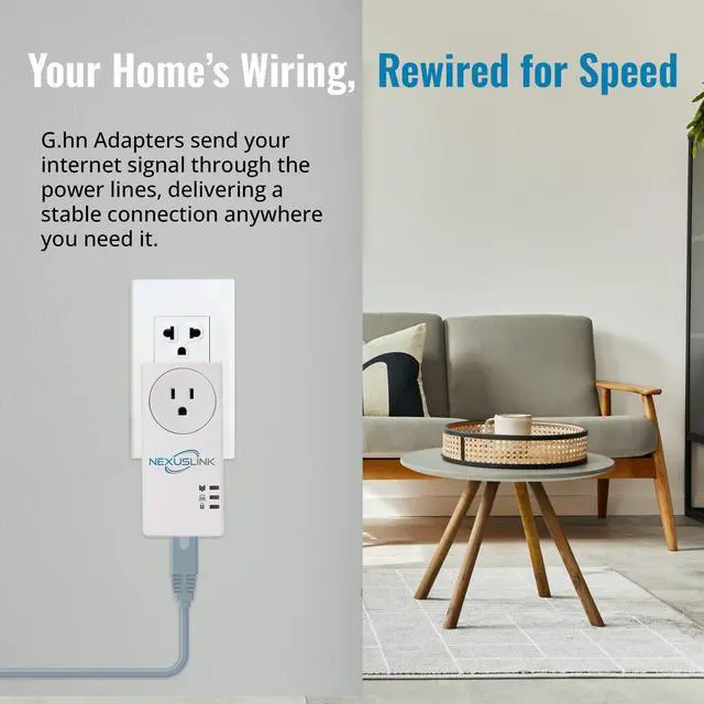 Alt view image 3 of 5 - NexusLink G.hn Powerline Ethernet Adapter Kit  1200 Mbps, Gigabit Port - Stable Ethernet Over Power for Gaming & Streaming, Home Network Expander, Wall Plug - 2 Units (GPL-1200-KIT)