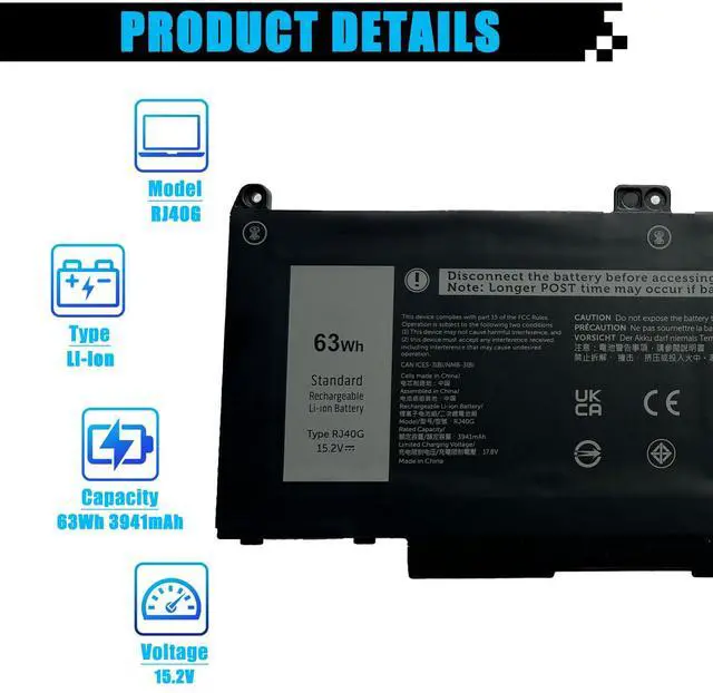 Alt view image 2 of 5 - RJ40G Laptop Battery Replacement for Dell Latitude 14 5420 Latitude 15 5520 Precision 15 3560 P137G P137G001 P104F P104F001 P104F002 Series WY9DX 01K2CF 075X16 0WK3F1 0M3KCN 005R42 15.2V 3941mAh