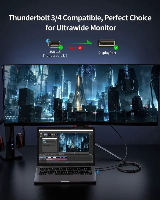 Alt view image 3 of 5 - Silkland USB C to DisplayPort 1.4 Cable 10ft, Thunderbolt 3/4 to DP [8K@60Hz, 4K@144Hz, 2K@240Hz], 5K HBR3 Type C to DP Cable,with MacBook Pro M1 M2,Mac mini