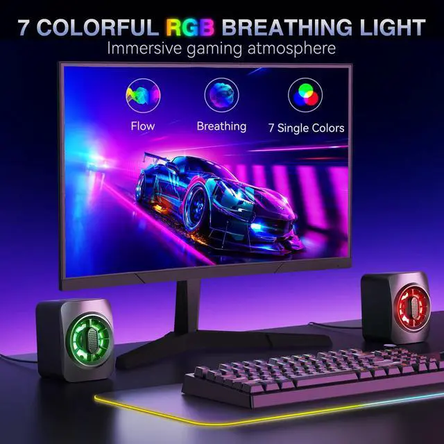 Alt view image 3 of 5 - OFFSIR Computer Speakers,RGB PC Speakers, USB Powered 3.5mm Aux Speaker for Desktop, PC, Laptop, Tablet - Small Computer Speakers | Clear Sound & 7-Color Dynamic Lighting