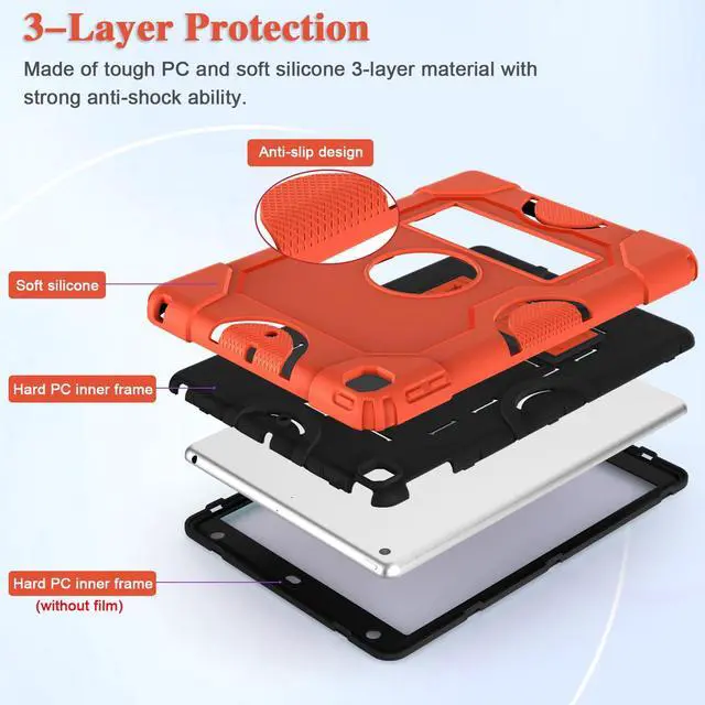 Alt view image 3 of 5 - ZoneFoker for iPad 9th Generation Case, iPad 8th 7th Generation Case, iPad 10.2 Inch 2021/2020/2019 Case, Heavy Duty Rugged Shockproof Protective Cover with Kickstand for Kids Boys Girls Orange