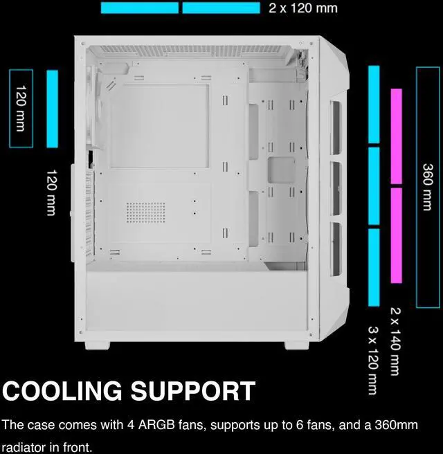 Alt view image 5 of 5 - GAMDIAS White ATX Mid Tower Gaming Computer PC Case w/Tempered Glass, Built-in 4X 120mm ARGB Fans, Support Up to 6X 120mm Fans, 360mm AIO/Radiator, 340mm GPU/VGA, 160mm CPU Air Cooler