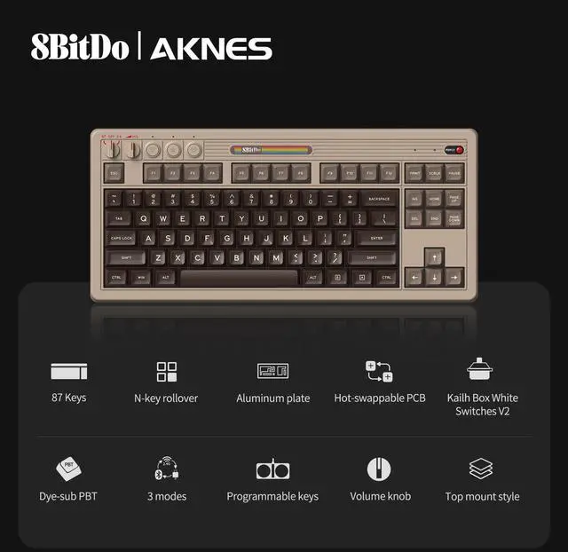 Alt view image 2 of 5 - AKNES 8Bitdo Retro Mechanical Keyboard, Hot Swappable Gaming Keyboard with 87 Keys, Dual Super Programmable Buttons&Super Stick Bluetooth/2.4GHz/USB-C for Windows and Android - C64 Edition