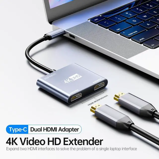 Alt view image 2 of 5 - USB-C to Dual HDMI Adapter 4K@60hz - HDMI Splitter for Dual Monitors Extend Mirror Display, for MacBook Pro Air, iPad, iPhone 15, Dell XPS, ThinkPad, Spectre, Surface, Galaxy S24, Steam Deck, ROG Ally