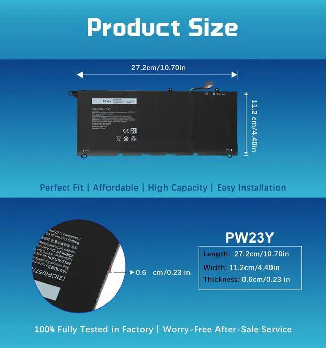 Alt view image 3 of 5 - GBLGBD PW23Y Replacement Battery for Dell XPS 13 9360/2017/9360-D1605G/9360-D1605T Series, 7895mAh 60Wh 4-Cell Li-ion Ultrabook Battery for XPS 13-9360-D1609/D1609G/D1705/D1705G/D1505/G1505G Series