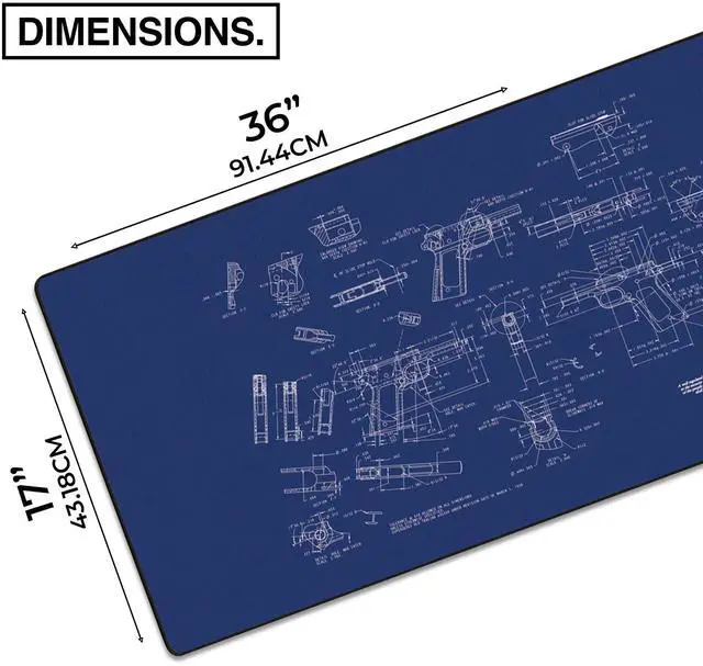 Alt view image 2 of 5 - MPCO. Blueprints Large Gaming Desk Pad - 36" x 17" Aeroglyde Fabric Browning 1911  Black Desk Mats - Non-Slip, Washable, Smooth Glide for Precision Gaming & Work
