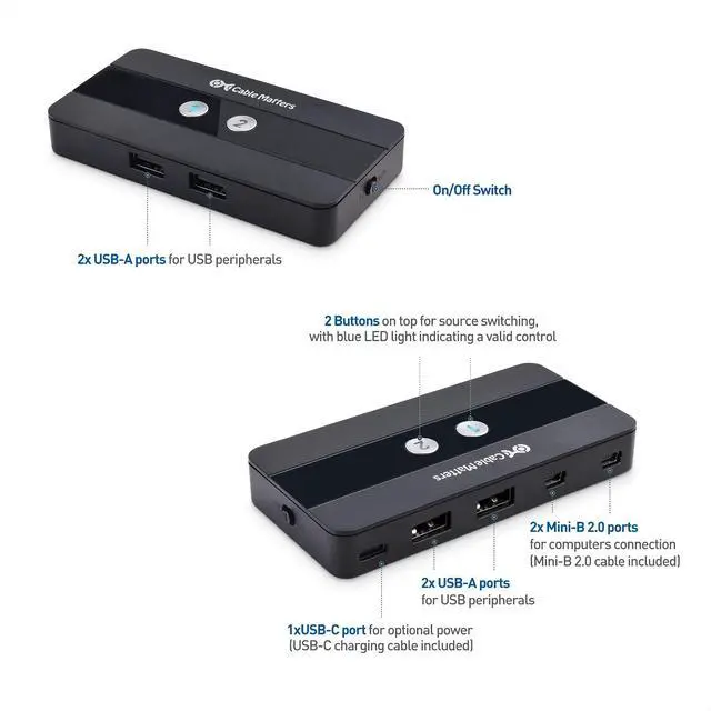 Alt view image 2 of 5 - Cable Matters USB 2.0 Switch Hub USB Sharing Switch for 2 Computers and 4 USBA Peripherals - Button or Wireless Remote Control Swapping