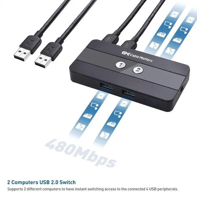 Alt view image 4 of 5 - Cable Matters USB 2.0 Switch Hub USB Sharing Switch for 2 Computers and 4 USBA Peripherals - Button or Wireless Remote Control Swapping