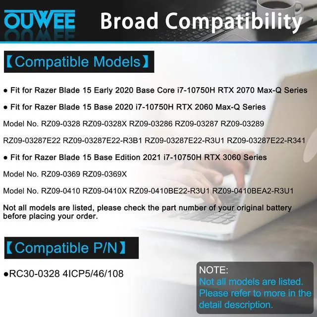 Alt view image 3 of 5 - OUWEE RC30-0328 RZ09-0328 Laptop Battery Replacement for Razer Blade 15 Base 2020/2021 RZ09-0328X RZ09-03289 RZ09-03287 RZ09-03286 RZ09-0369 RZ09-03287E22 RZ09-0410x RZ09-0330X RZ09-03304x