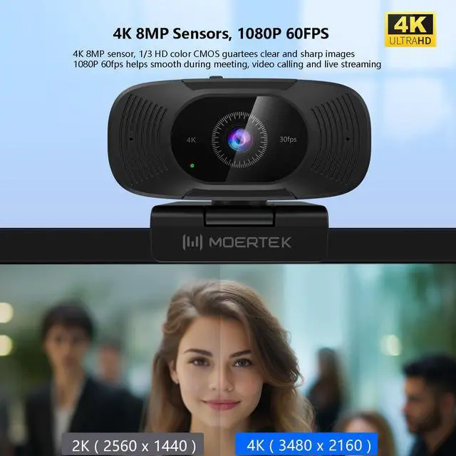 Alt view image 2 of 5 - 4K Webcam with Microphone, 1080P 60fps Webcam for PC, 8MP UHD 92° Wide Angle Len, Automatic Light Correction, USB Camera with Privacy Cover, External Computer Camera for Business Meeting/Video Call