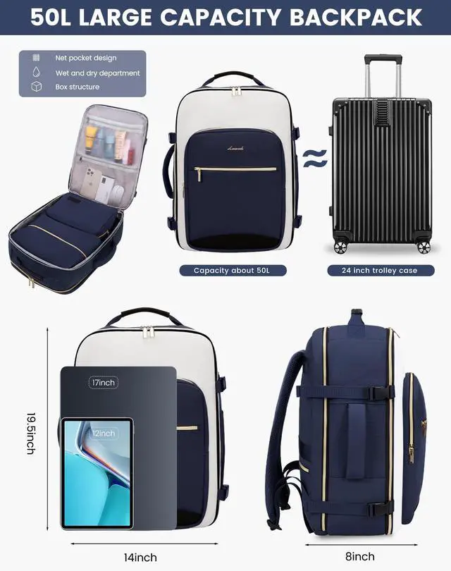 Alt view image 3 of 5 - LOVEVOOK 50L Large Travel Backpack for Women & Men, Carry on Backpack Airline Approved, Waterproof Travel Essentials fits 18" Laptop, TSA Personal Item Bag Sports Backpack with 3 Packing Cubes