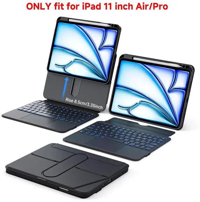 Alt view image 2 of 5 - Tiaota Keyboard Case for iPad Air 11-inch (M3/M2, 2025/2024), iPad Air 5/4 Gen & iPad Pro 11-inch with Multi-Touch Trackpad, 360° Rotating Kickstand, Portrait & Raised Modes, Detachable Cover  Black