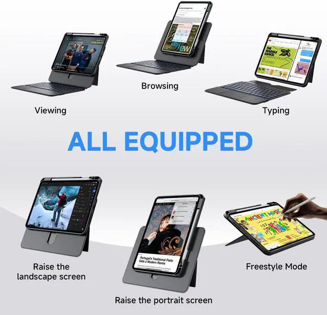 Alt view image 4 of 5 - Tiaota Keyboard Case for iPad Air 11-inch (M3/M2, 2025/2024), iPad Air 5/4 Gen & iPad Pro 11-inch with Multi-Touch Trackpad, 360° Rotating Kickstand, Portrait & Raised Modes, Detachable Cover  Black