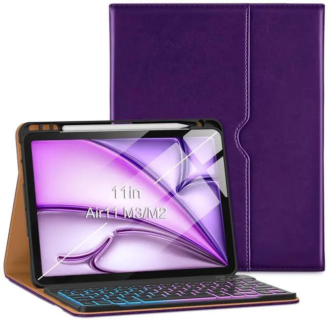 Main image of VIKESI Keyboard Case for iPad Air 11-inch M3/M2 (2025/2024 Released) & iPad Air 5th/ 4th Generation 10.9-Inch,Leather Cover, Built-in Breathing Light, Function Row,Pencil Holder,Card Slots -Purple