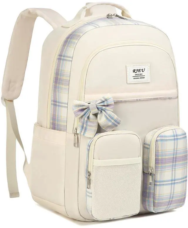 Main image of RJEU School Backpack for Teen Girl,Aesthetic Backpack Bookbag with Laptop Compartment for Middle School Students,Mochila para Niñas,Beige