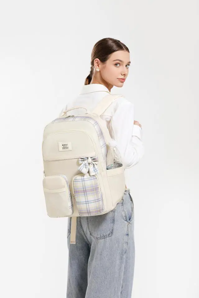 Alt view image 2 of 5 - RJEU School Backpack for Teen Girl,Aesthetic Backpack Bookbag with Laptop Compartment for Middle School Students,Mochila para Niñas,Beige